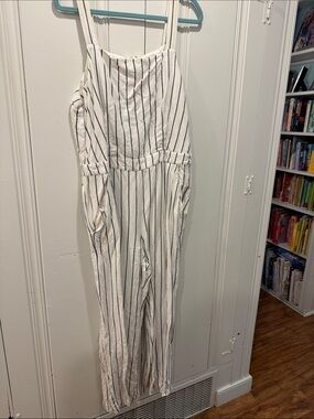 LOFT White Jumpsuit with Black Vertical Stripes